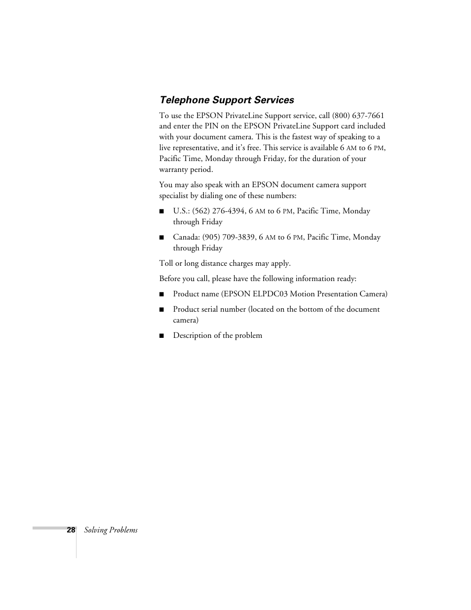 Telephone support services | Epson ELPDC03 User Manual | Page 32 / 44