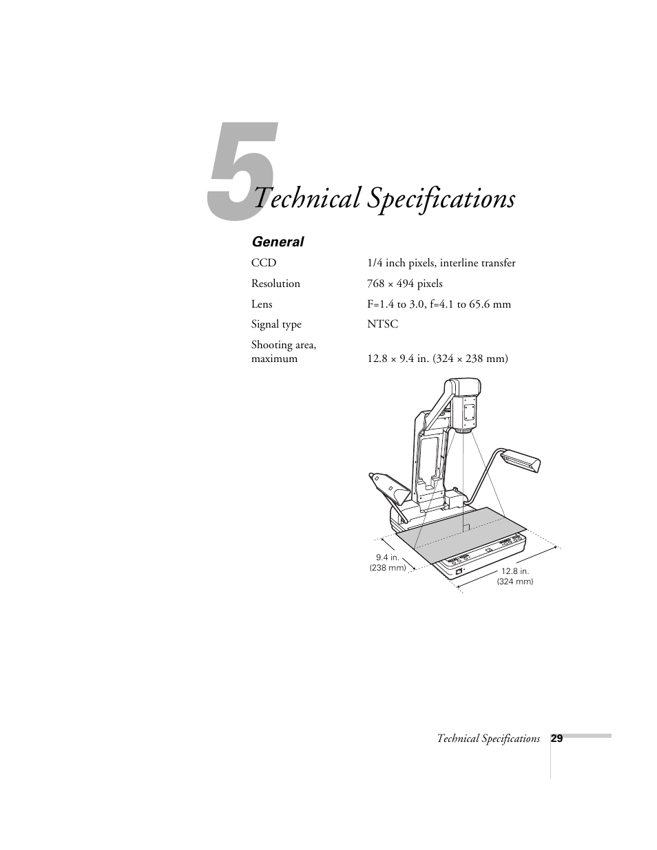 Chap 5-technical specifications, General, Technical specifications | Epson ELPDC03 User Manual | Page 33 / 44