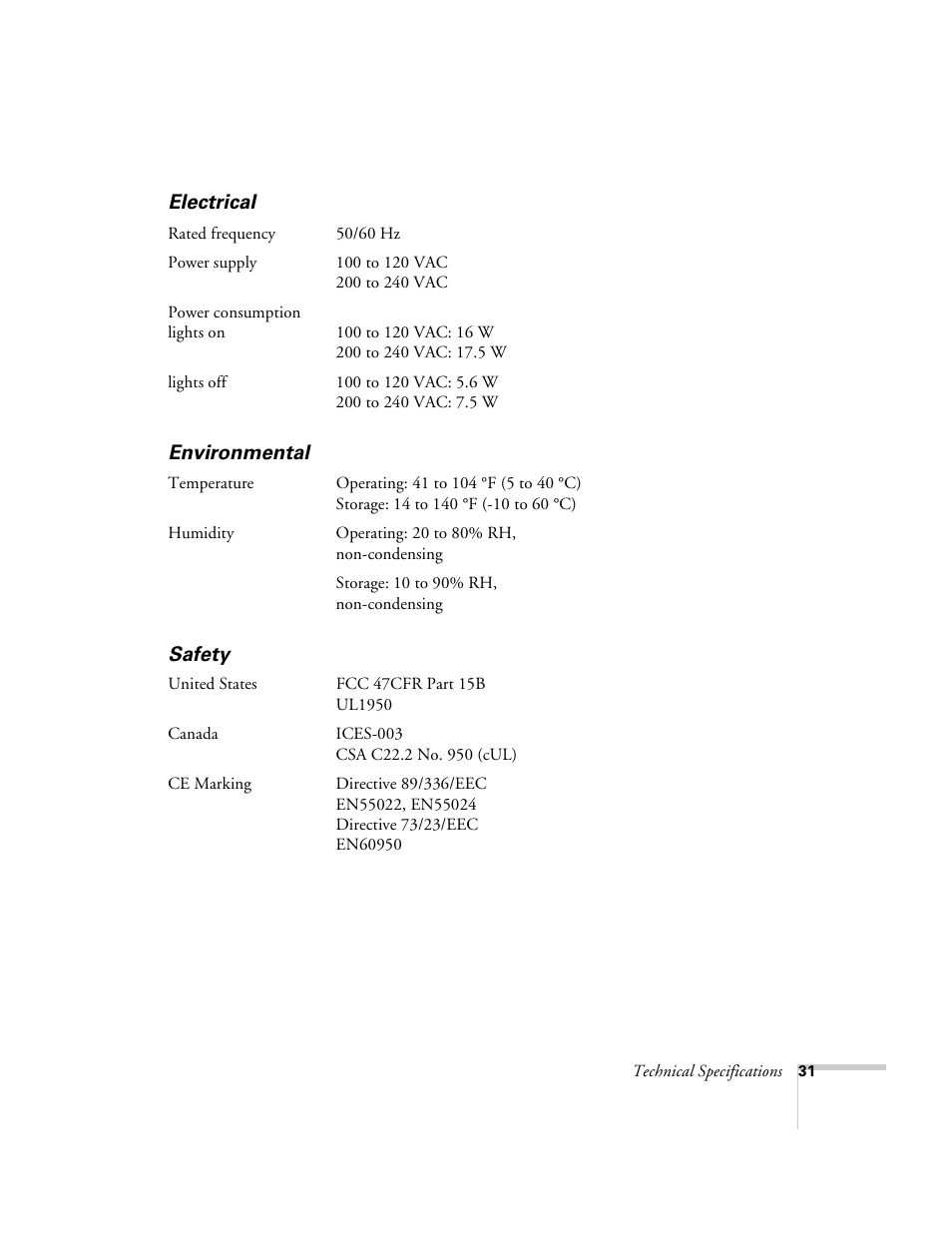 Electrical, Environmental, Safety | Electrical environmental safety | Epson ELPDC03 User Manual | Page 35 / 44