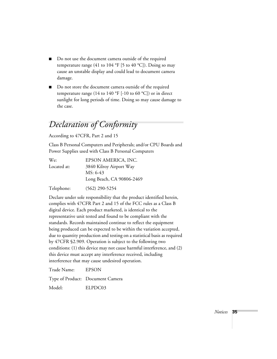 Declaration of conformity | Epson ELPDC03 User Manual | Page 39 / 44