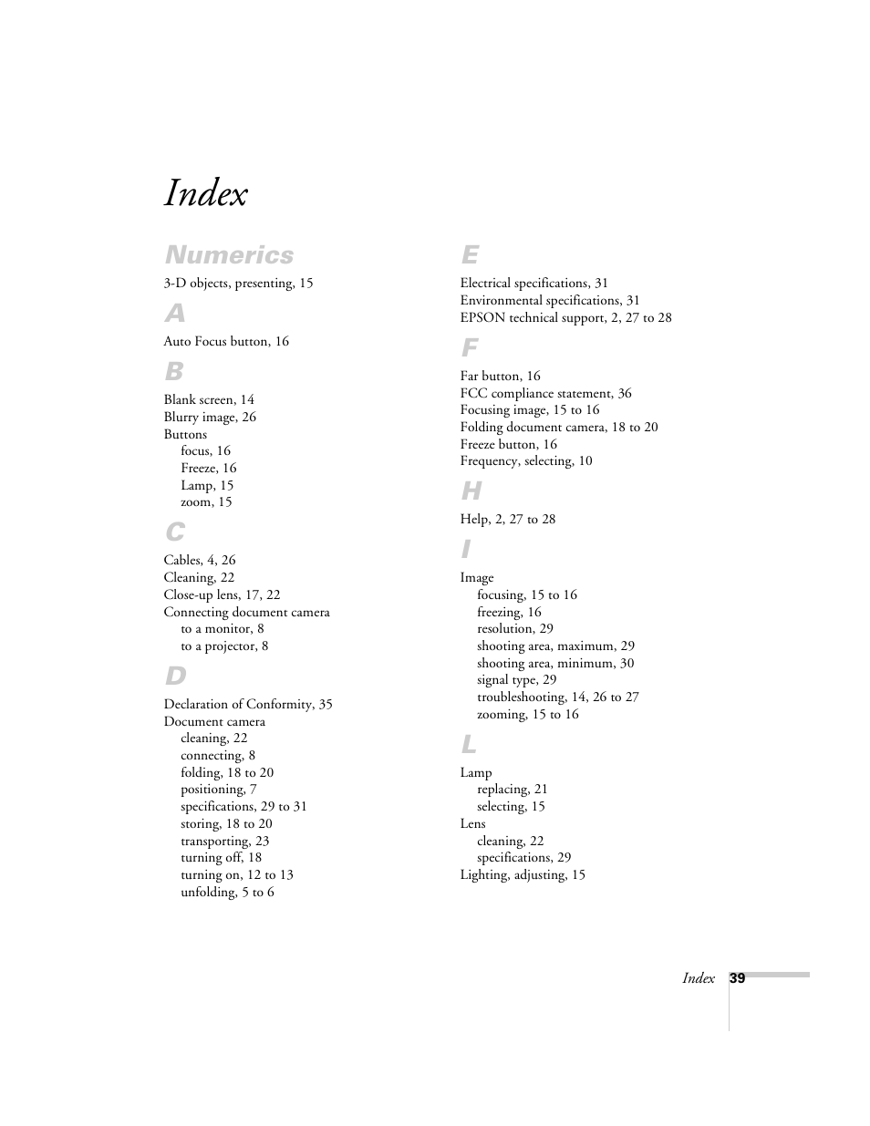 Index, Numerics | Epson ELPDC03 User Manual | Page 43 / 44