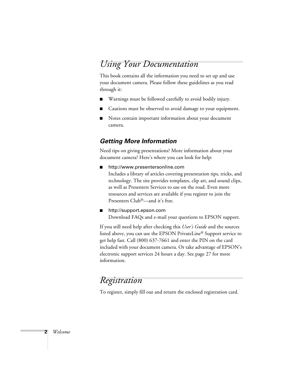 Using your documentation, Getting more information, Registration | Epson ELPDC03 User Manual | Page 6 / 44