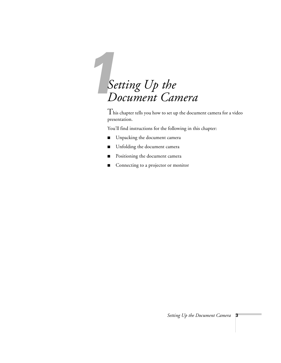 Chap 1-setting up the document camera, Setting up the document camera | Epson ELPDC03 User Manual | Page 7 / 44