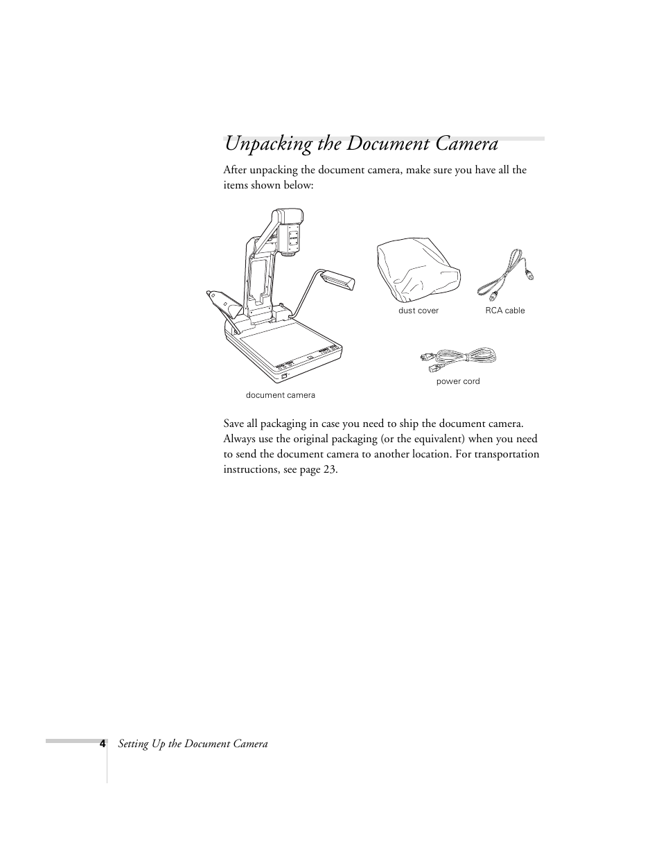 Unpacking the document camera | Epson ELPDC03 User Manual | Page 8 / 44