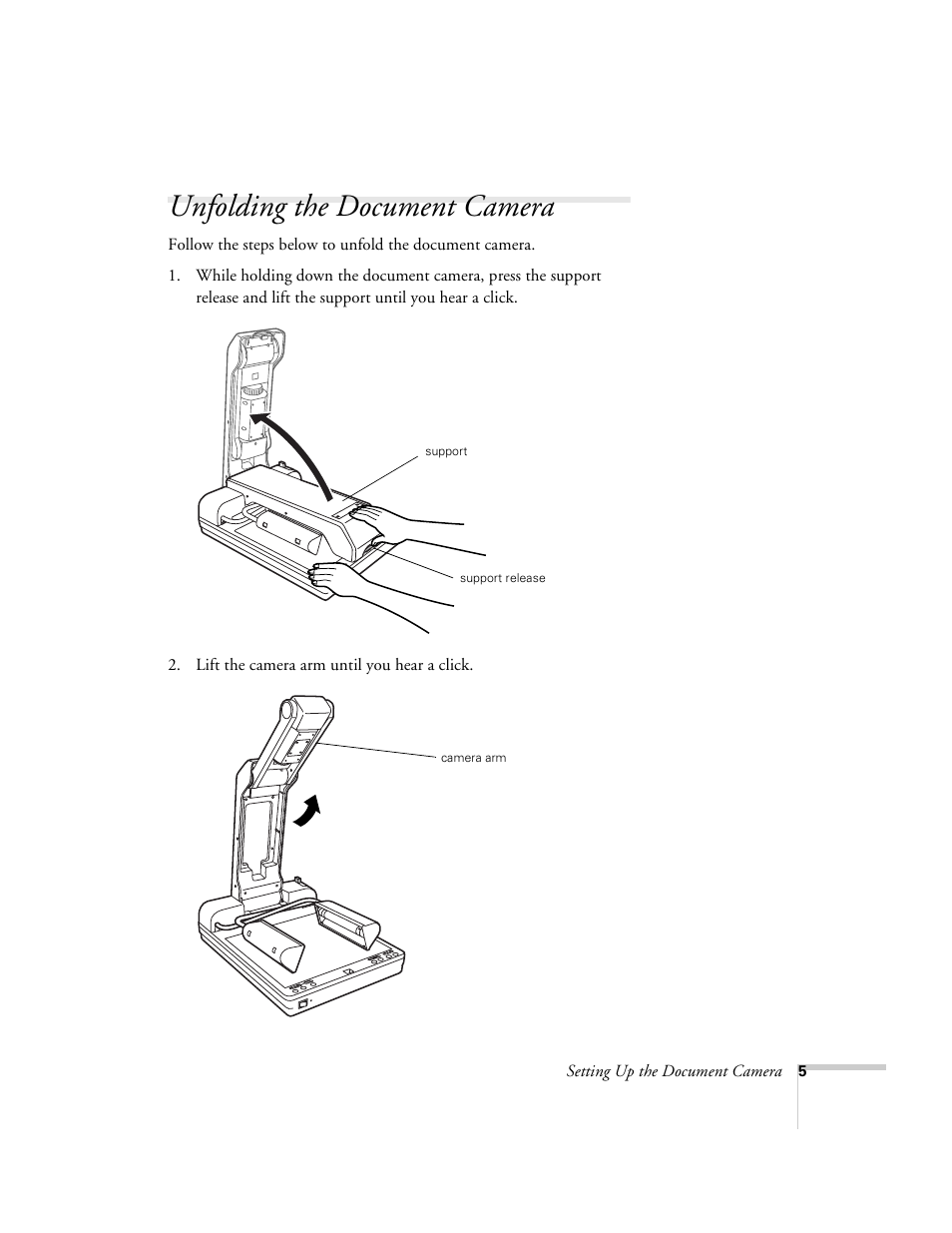 Unfolding the document camera | Epson ELPDC03 User Manual | Page 9 / 44