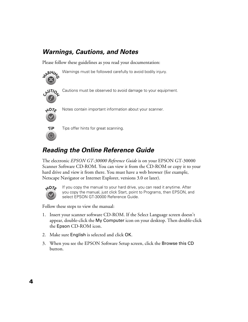 Warnings, cautions, and notes, Reading the online reference guide | Epson GT-30000 User Manual | Page 10 / 148