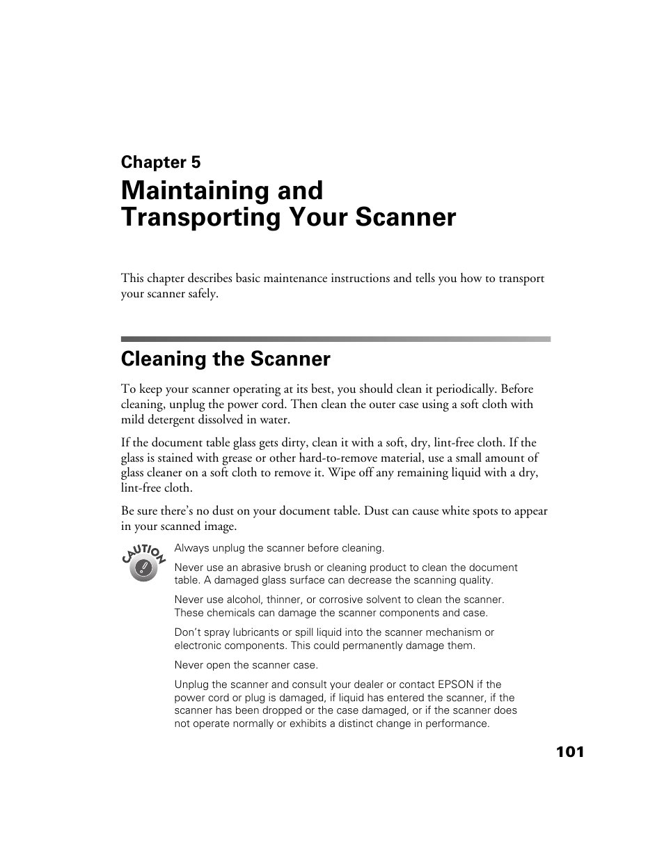 Chap 5-maintaining and transporting your scanner, Cleaning the scanner, Chapter 5 | Maintaining and transporting your scanner | Epson GT-30000 User Manual | Page 107 / 148