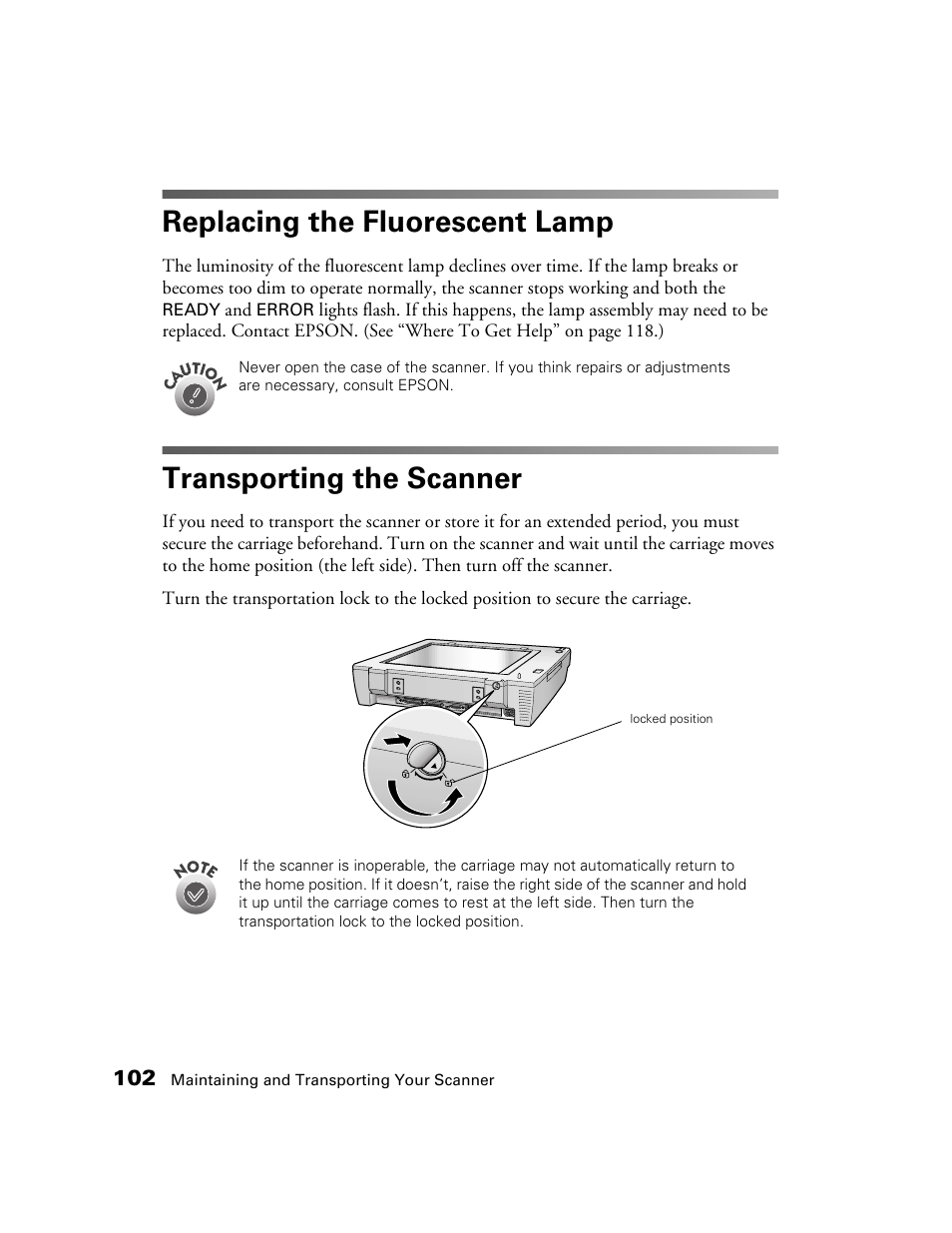 Replacing the fluorescent lamp, Transporting the scanner | Epson GT-30000 User Manual | Page 108 / 148