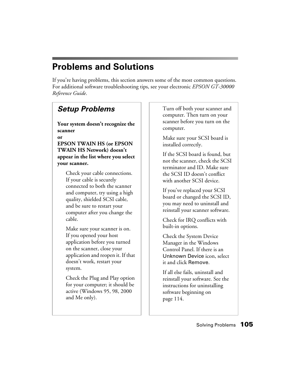 Problems and solutions, Setup problems | Epson GT-30000 User Manual | Page 111 / 148