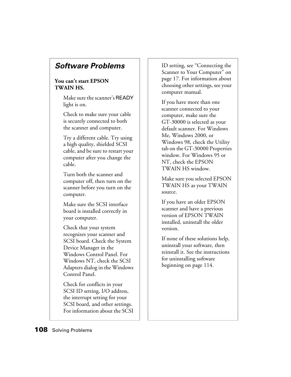 Software problems | Epson GT-30000 User Manual | Page 114 / 148