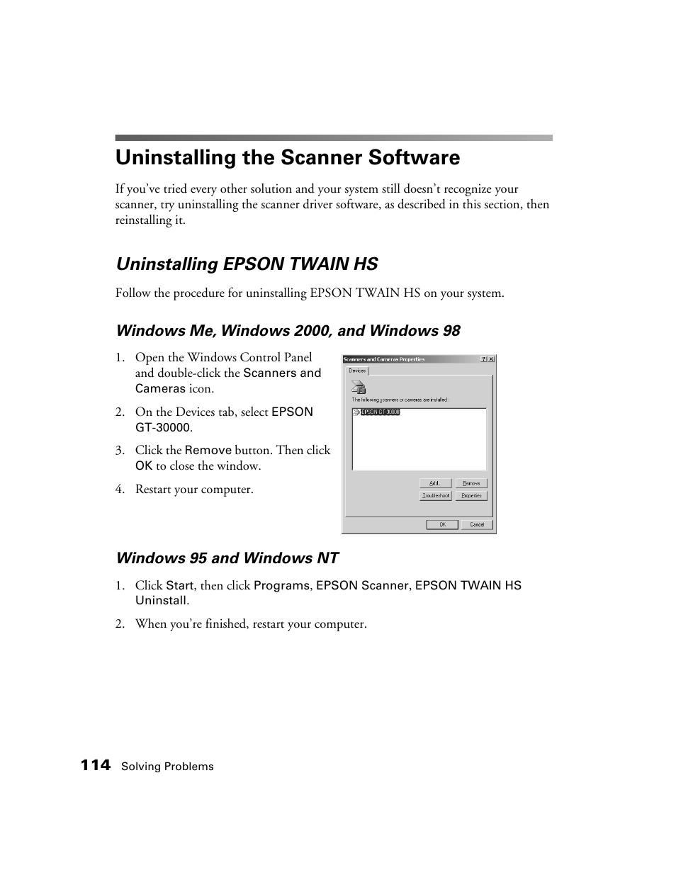 Uninstalling the scanner software, Uninstalling epson twain hs | Epson GT-30000 User Manual | Page 120 / 148