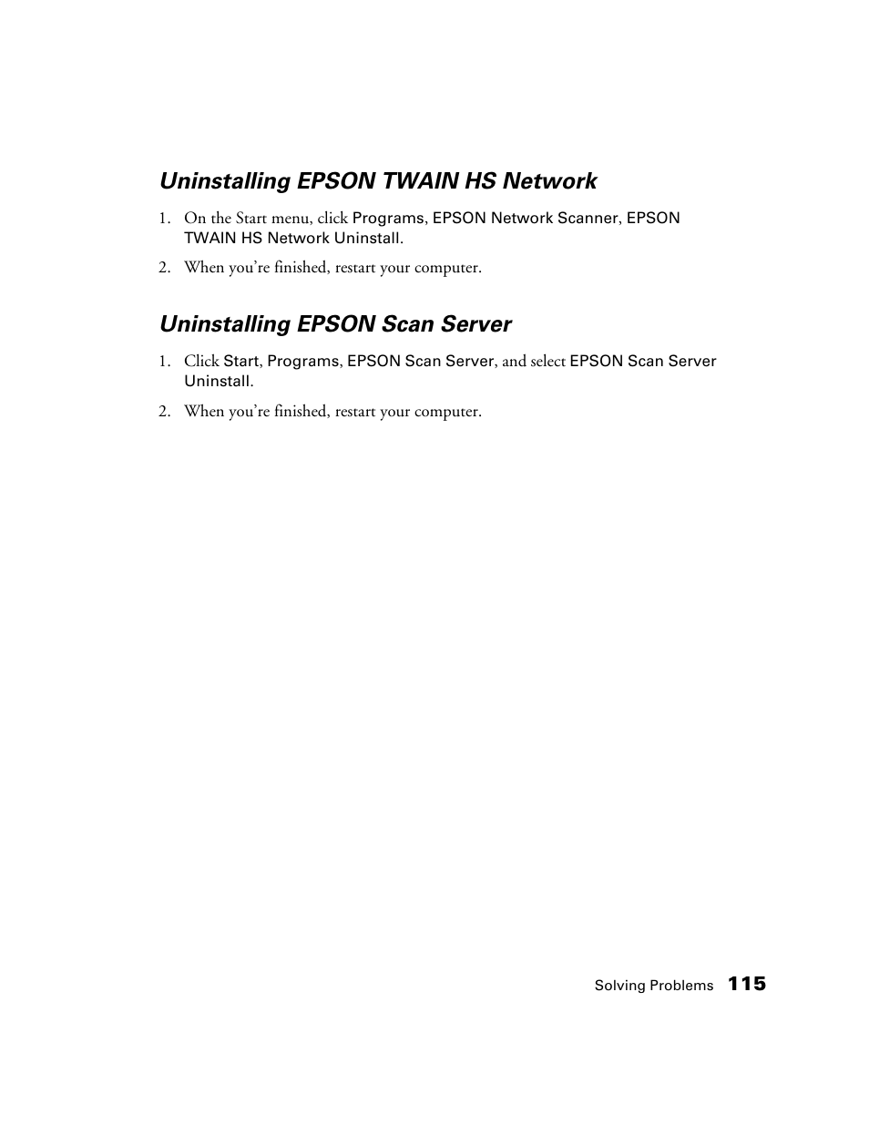 Uninstalling epson twain hs network, Uninstalling epson scan server | Epson GT-30000 User Manual | Page 121 / 148