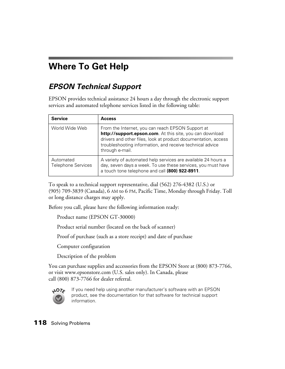 Where to get help, Epson technical support | Epson GT-30000 User Manual | Page 124 / 148