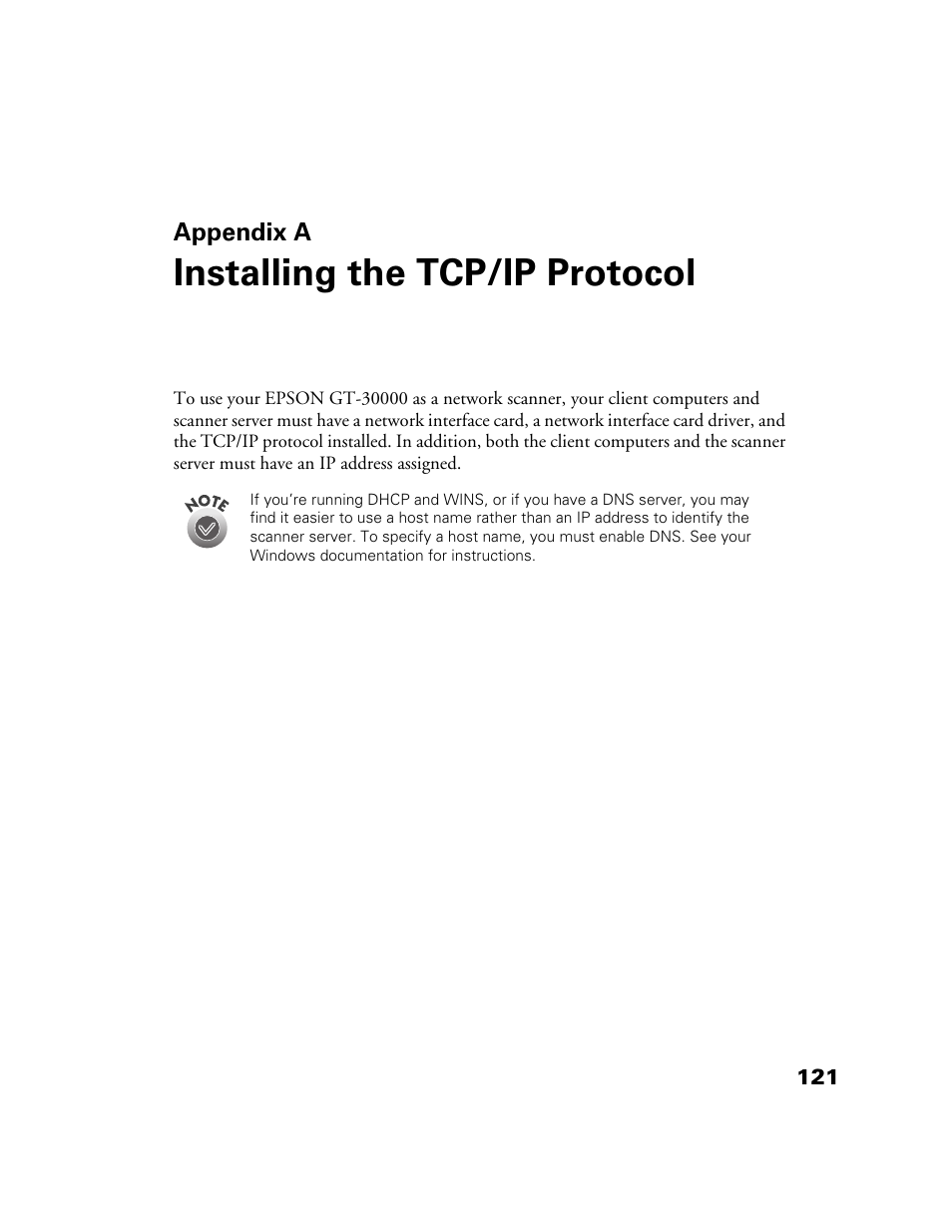Appendix a-installing the tcp/ip protocol, Appendix a installing the tcp/ip protocol, Installing the tcp/ip protocol | Epson GT-30000 User Manual | Page 127 / 148