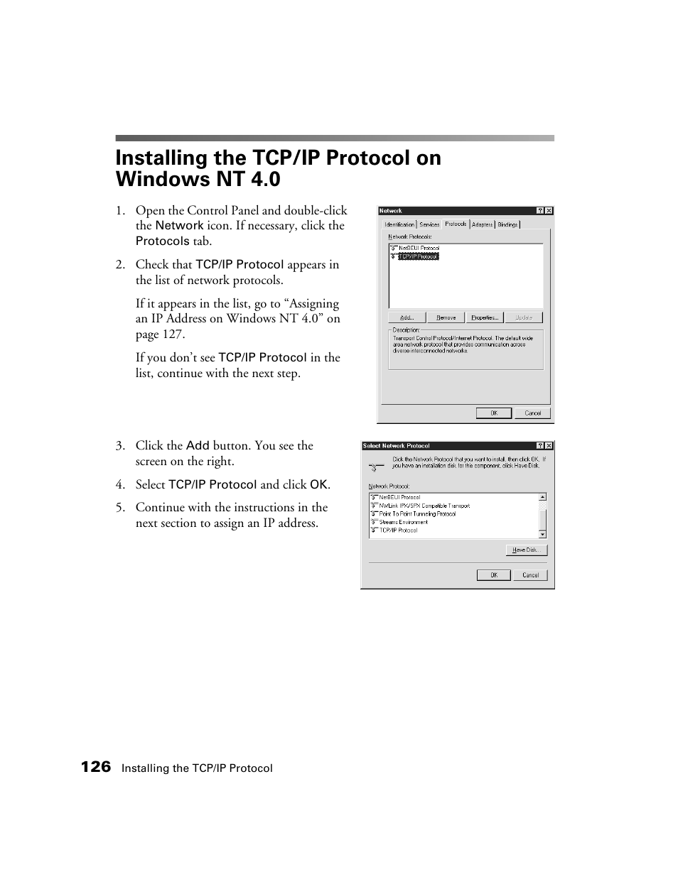 Installing the tcp/ip protocol on windows nt 4.0 | Epson GT-30000 User Manual | Page 132 / 148