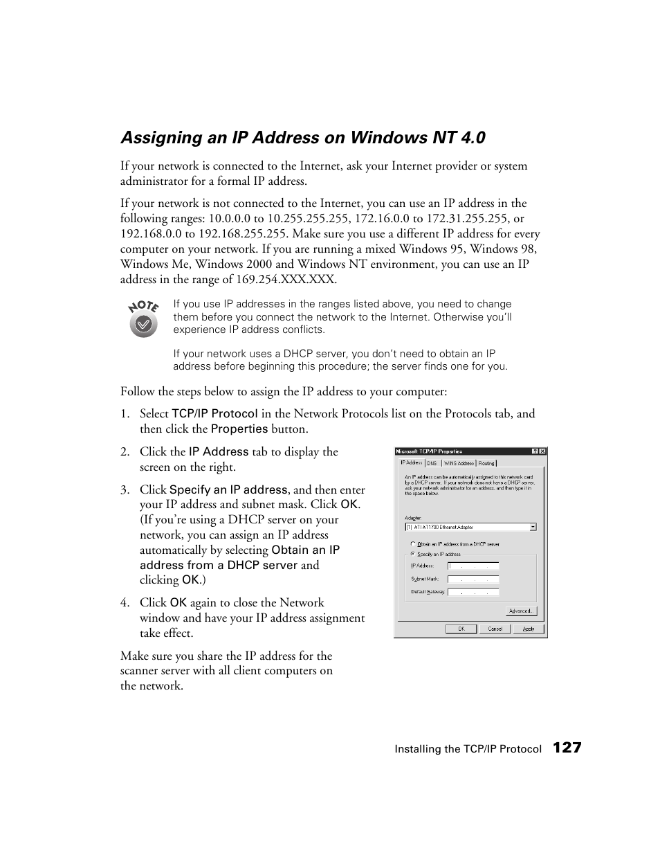 Assigning an ip address on windows nt 4.0 | Epson GT-30000 User Manual | Page 133 / 148