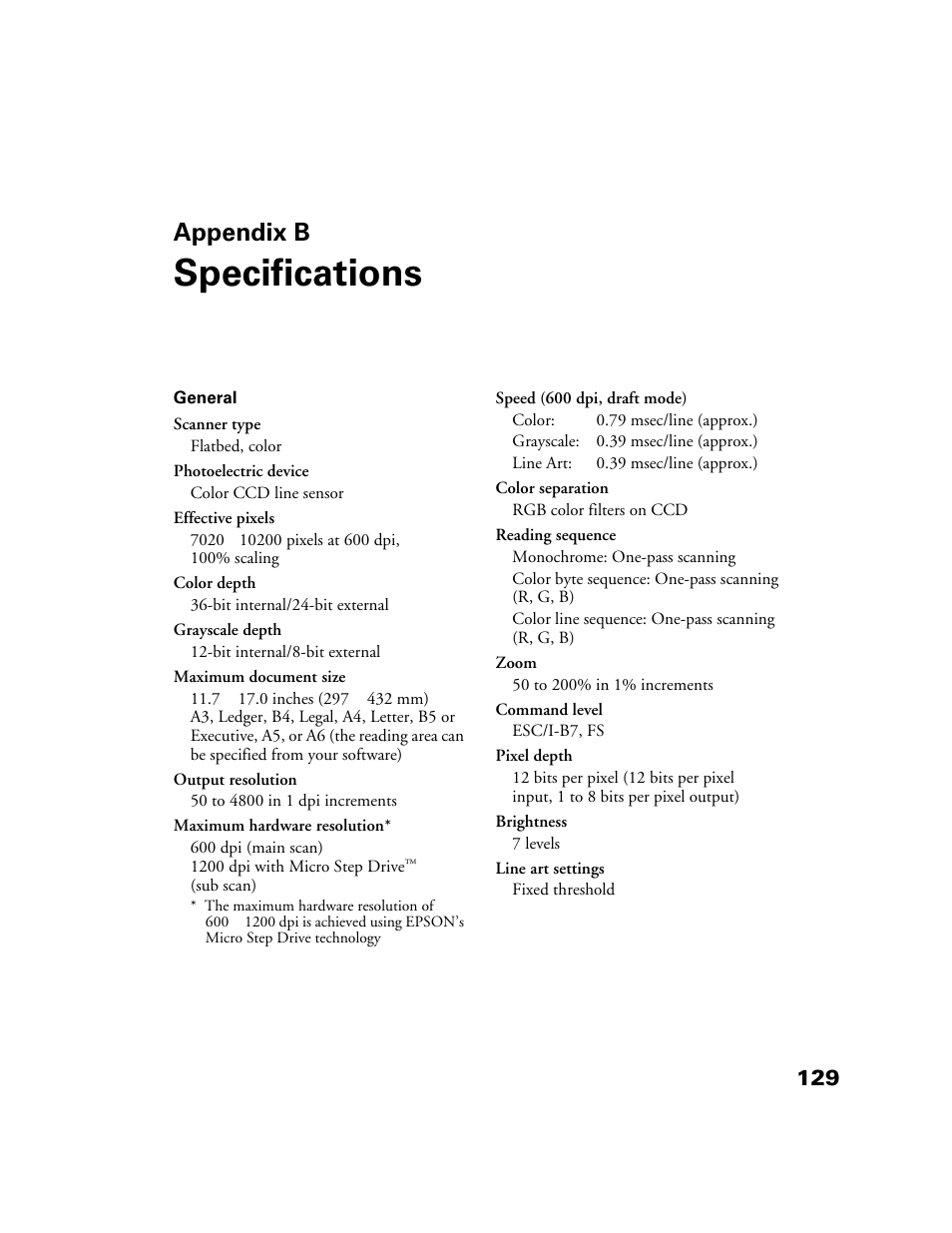 Appendix b-specifications, Appendix b, Specifications | Epson GT-30000 User Manual | Page 135 / 148