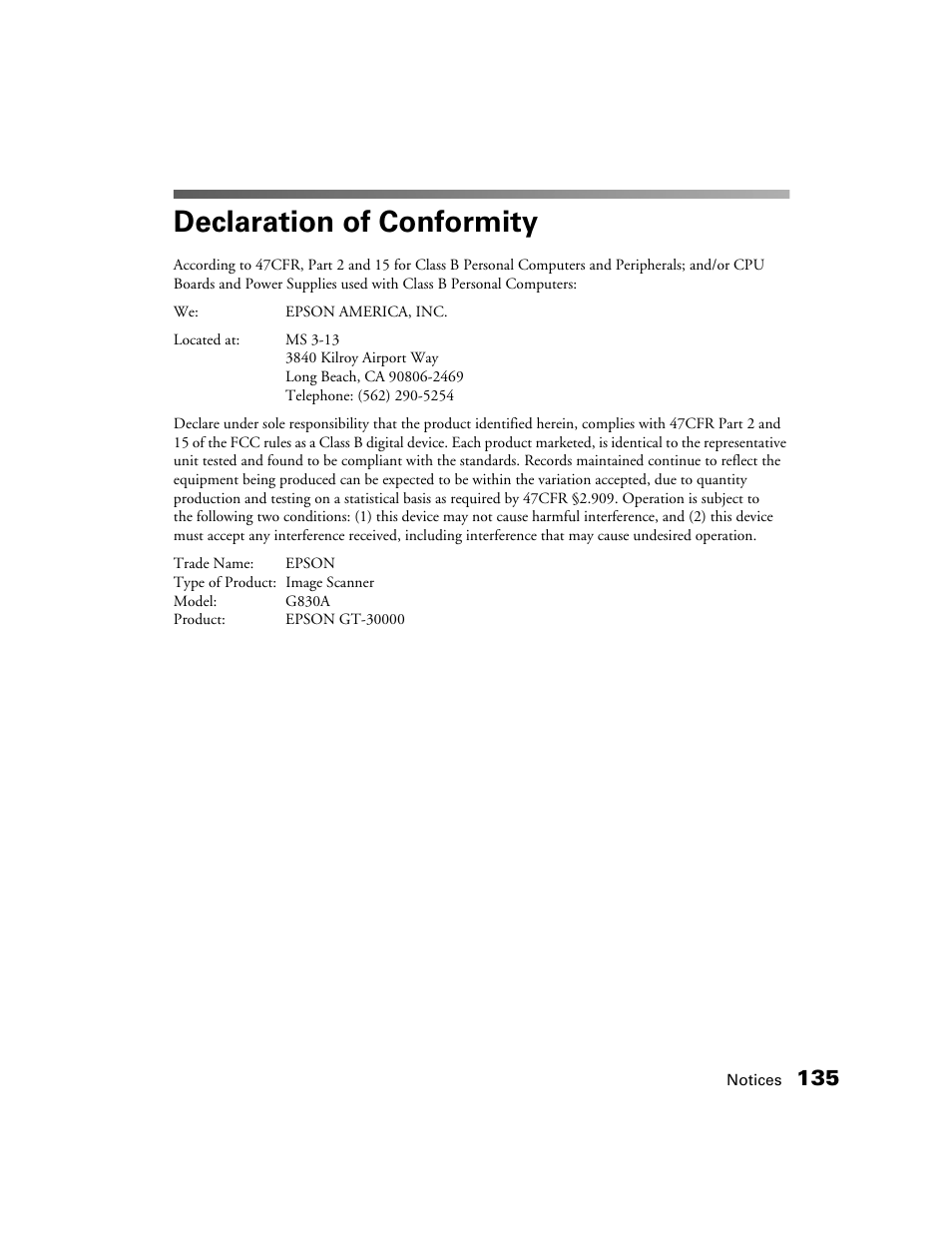 Declaration of conformity | Epson GT-30000 User Manual | Page 141 / 148