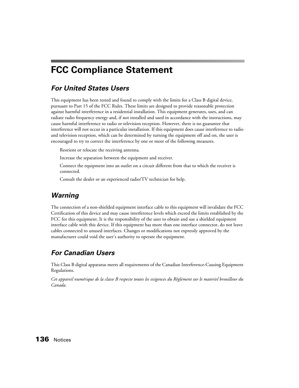 Fcc compliance statement, For united states users, Warning | For canadian users | Epson GT-30000 User Manual | Page 142 / 148