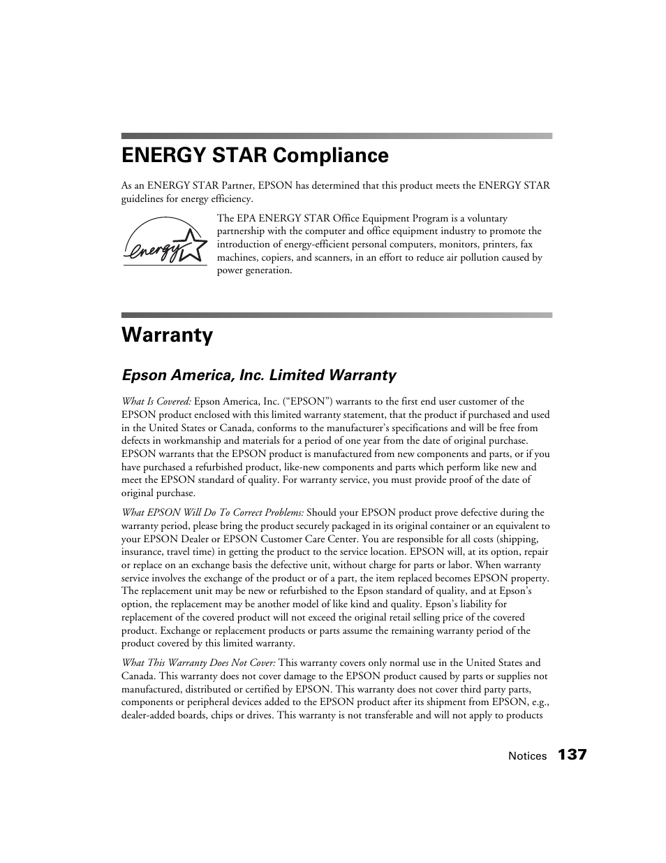 Energy star compliance, Warranty | Epson GT-30000 User Manual | Page 143 / 148