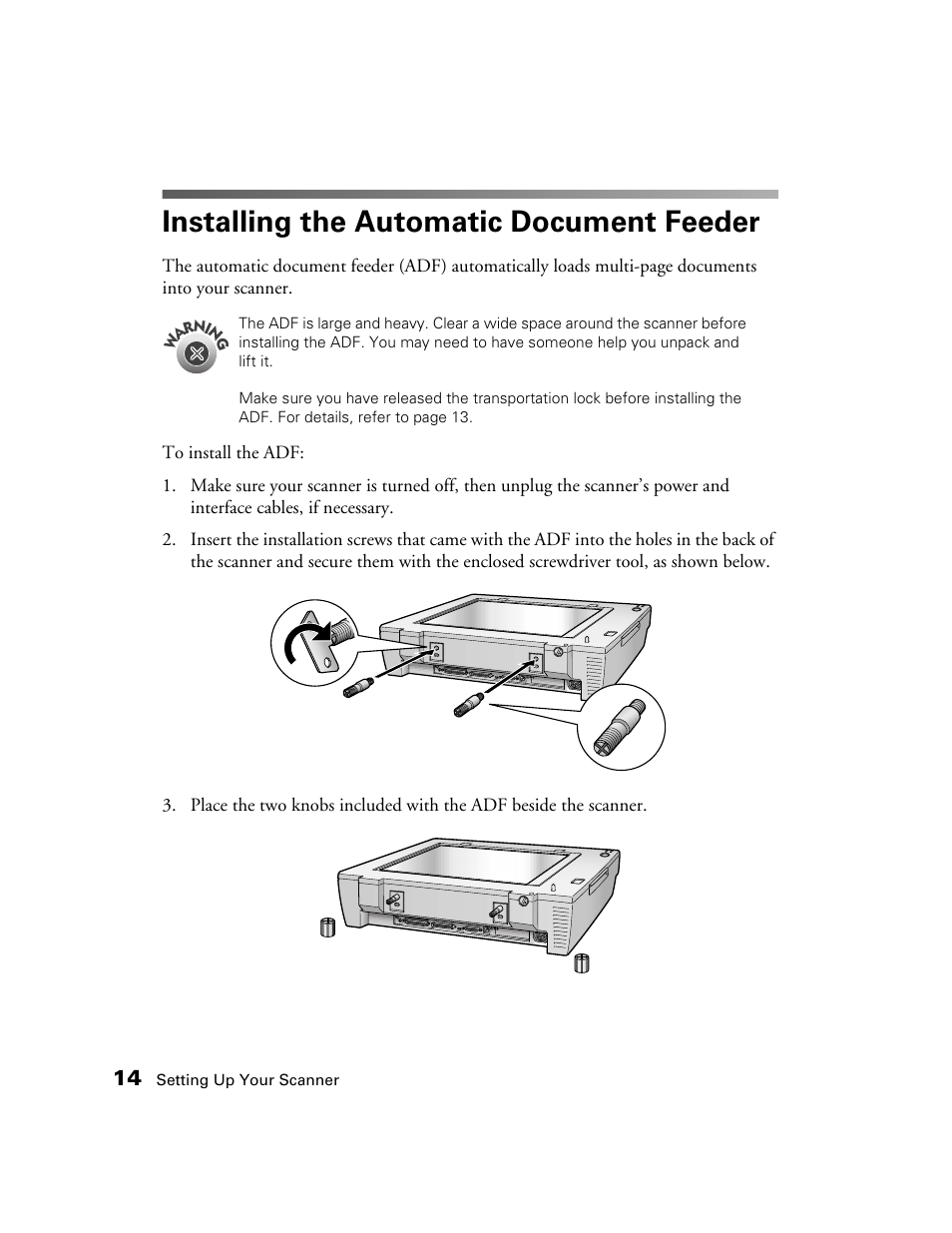 Installing the automatic document feeder | Epson GT-30000 User Manual | Page 20 / 148