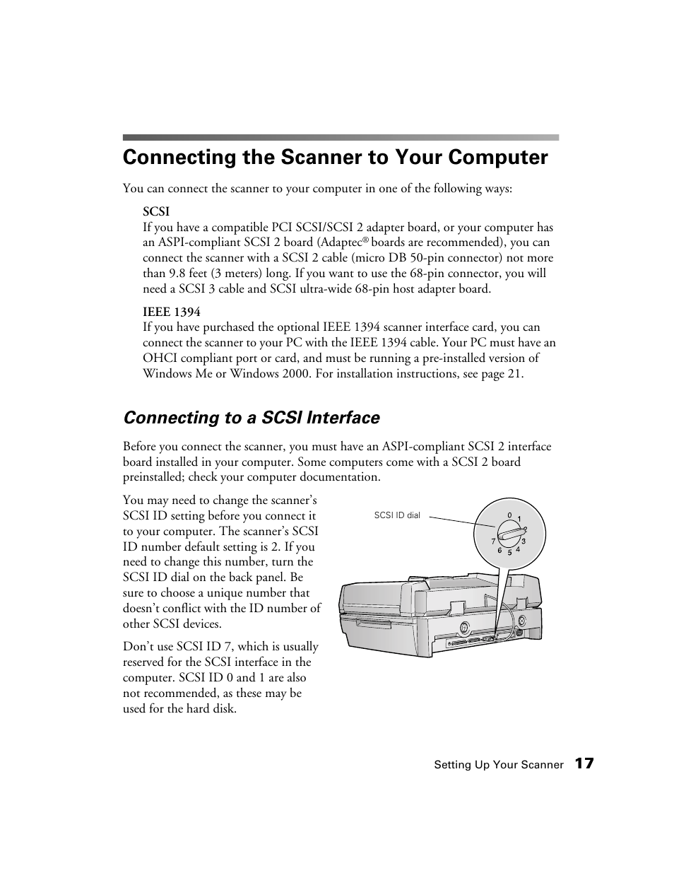 Connecting the scanner to your computer, Connecting to a scsi interface | Epson GT-30000 User Manual | Page 23 / 148