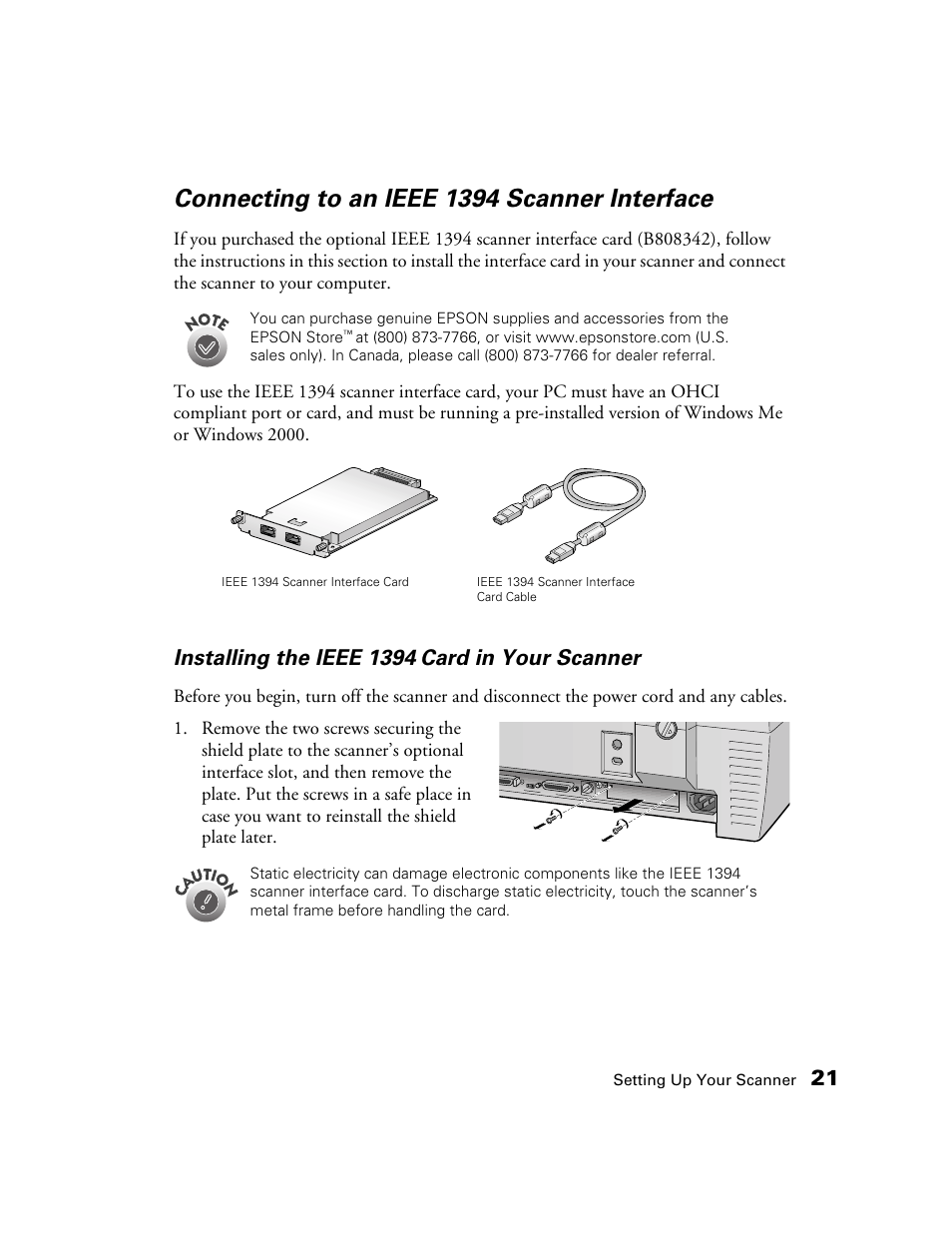 Connecting to an ieee 1394 scanner interface, Installing the ieee 1394, Card in your scanner | Epson GT-30000 User Manual | Page 27 / 148