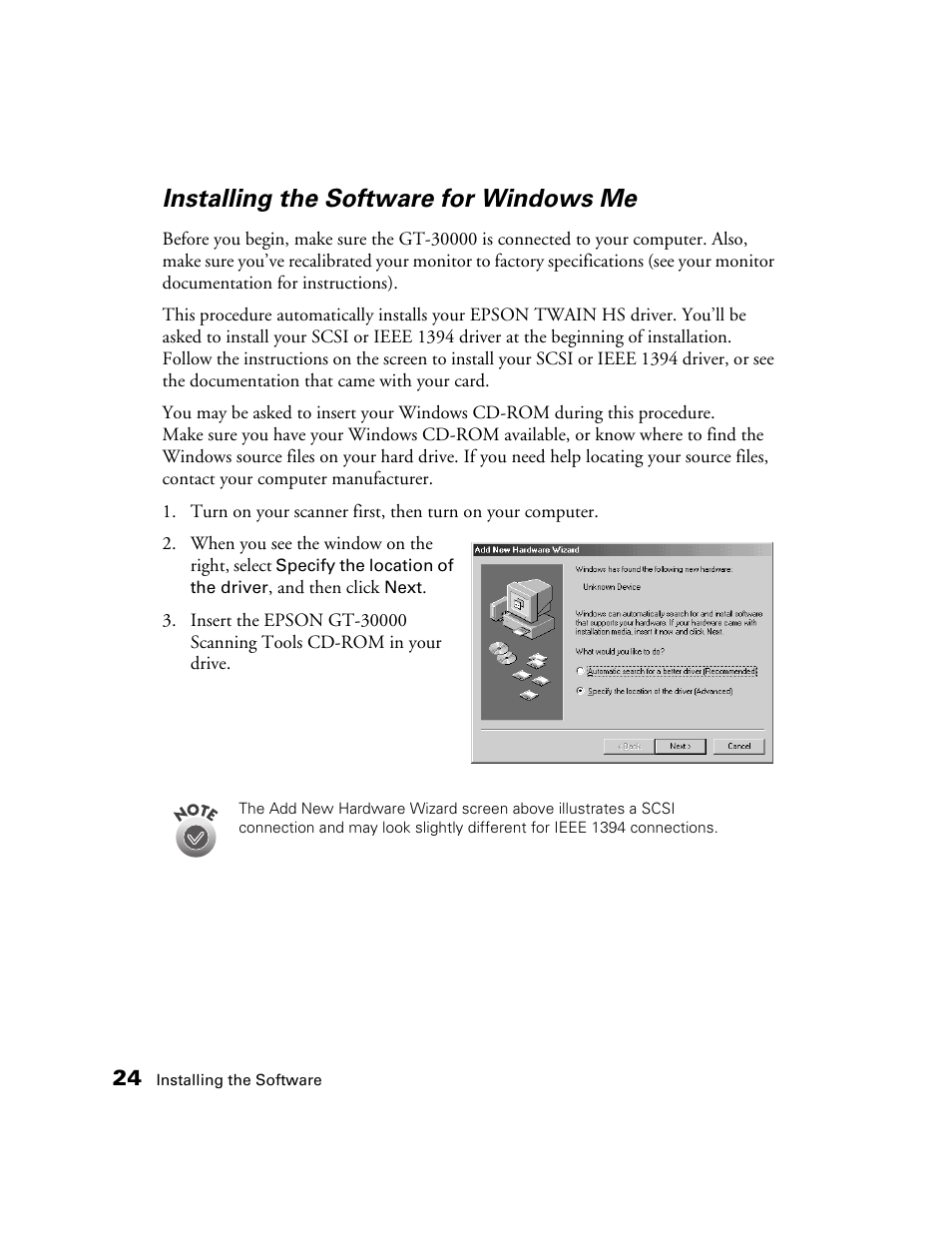 Installing the software for windows me | Epson GT-30000 User Manual | Page 30 / 148