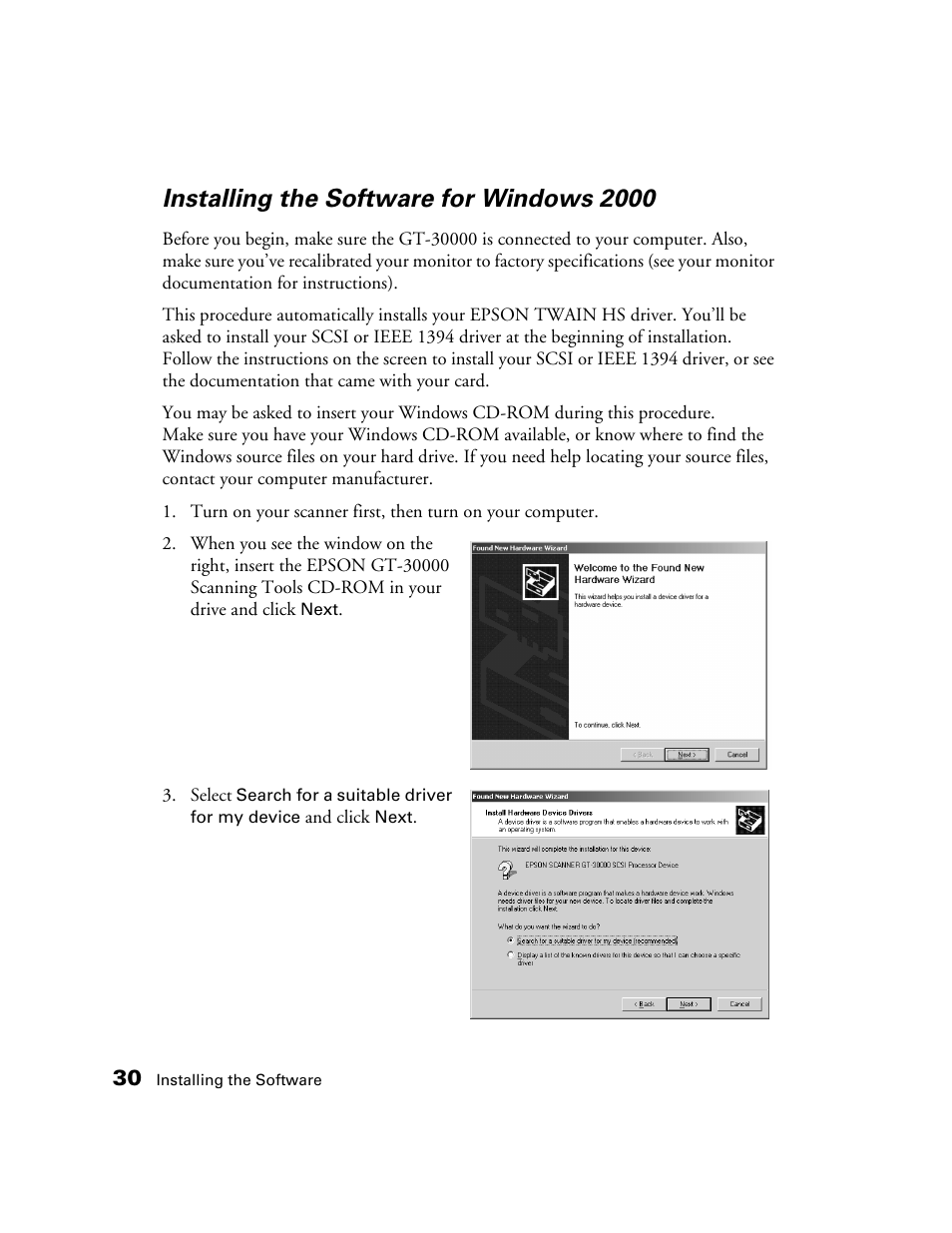 Installing the software for windows 2000 | Epson GT-30000 User Manual | Page 36 / 148