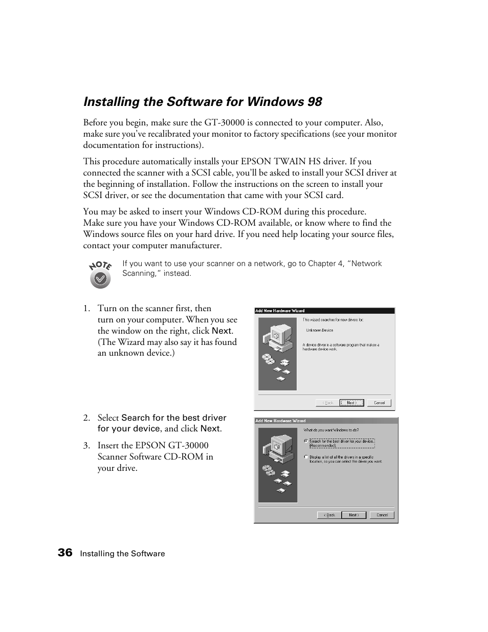 Installing the software for windows 98 | Epson GT-30000 User Manual | Page 42 / 148