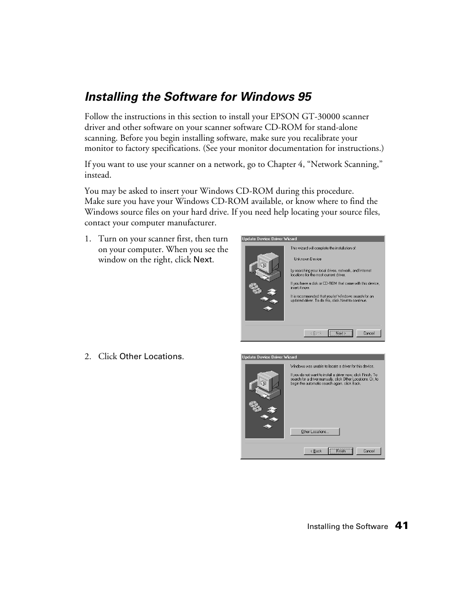 Installing the software for windows 95 | Epson GT-30000 User Manual | Page 47 / 148