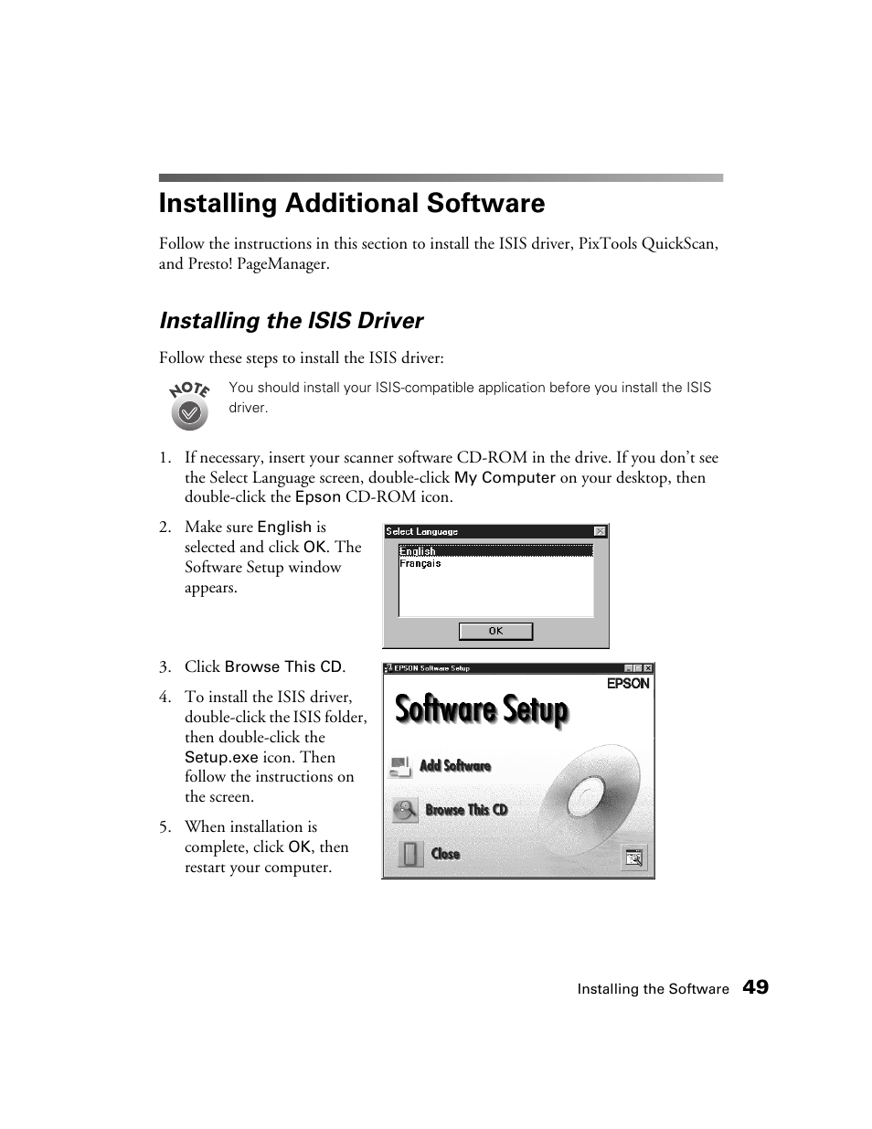 Installing additional software, Installing the isis driver | Epson GT-30000 User Manual | Page 55 / 148