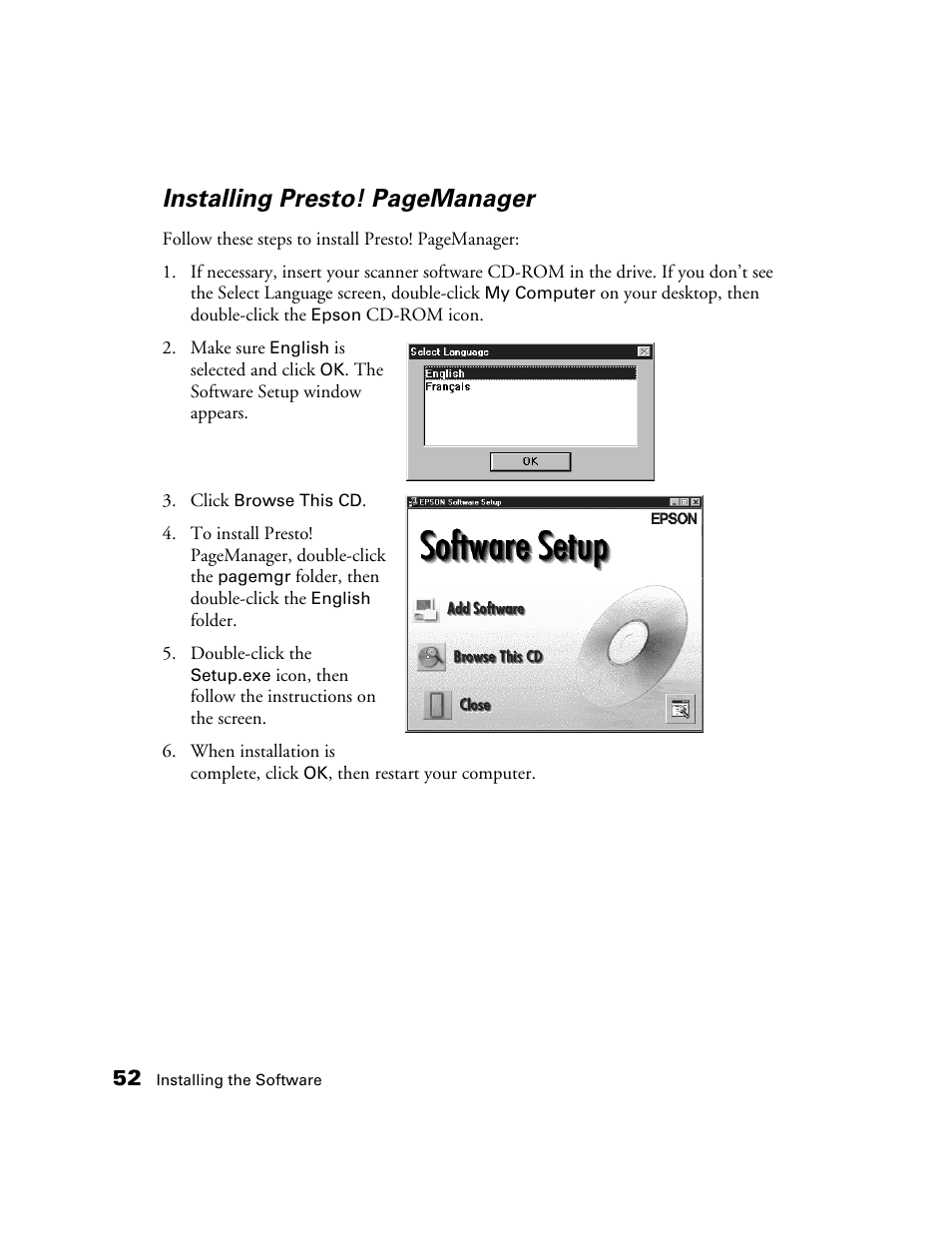 Installing presto! pagemanager | Epson GT-30000 User Manual | Page 58 / 148