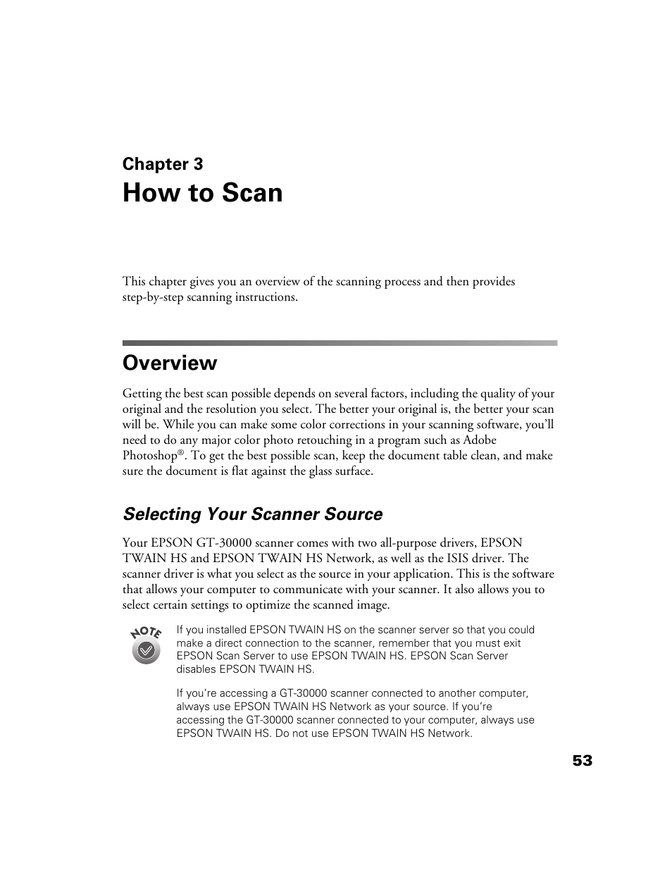 Chap 3-how to scan, Overview, Selecting your scanner source | Chapter 3, How to scan | Epson GT-30000 User Manual | Page 59 / 148