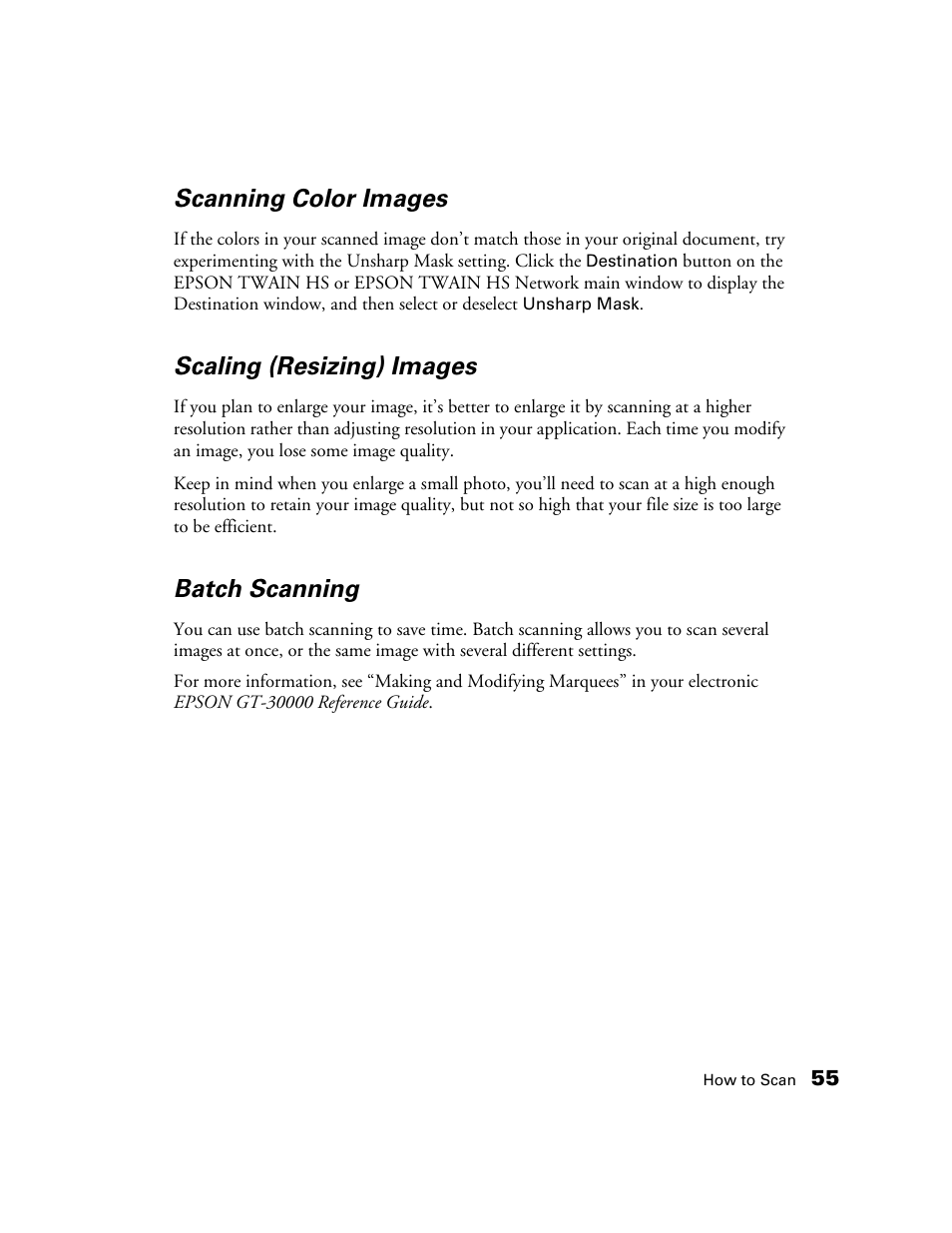 Scanning color images, Scaling (resizing) images, Batch scanning | Epson GT-30000 User Manual | Page 61 / 148