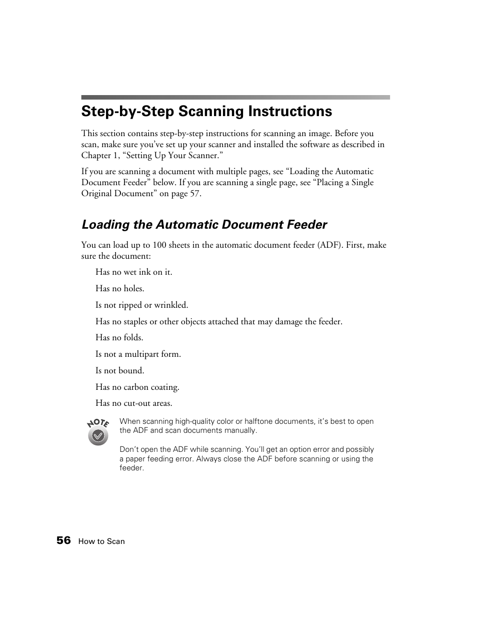 Step-by-step scanning instructions, Loading the automatic document feeder | Epson GT-30000 User Manual | Page 62 / 148