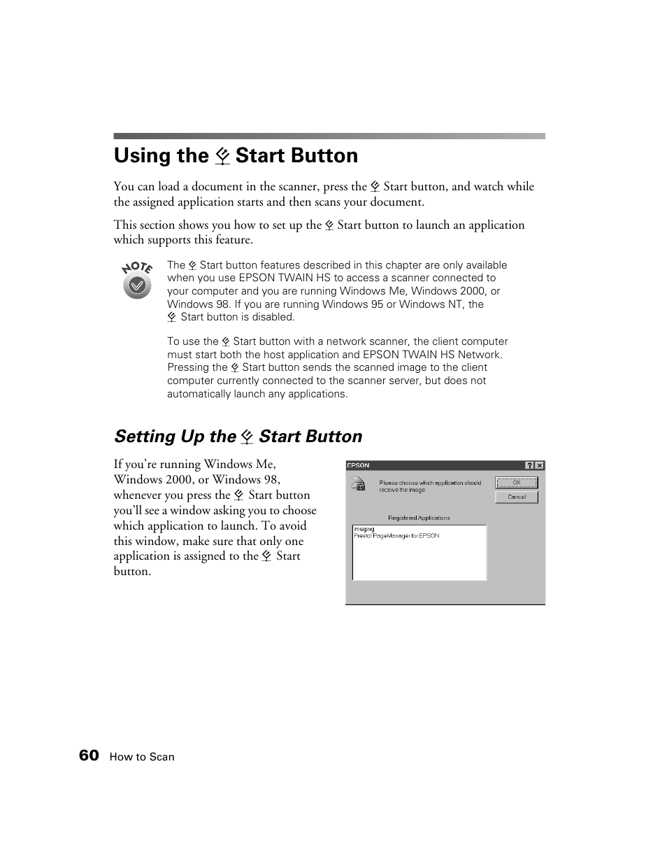 Using the, Start button, Setting up the | A start button | Epson GT-30000 User Manual | Page 66 / 148