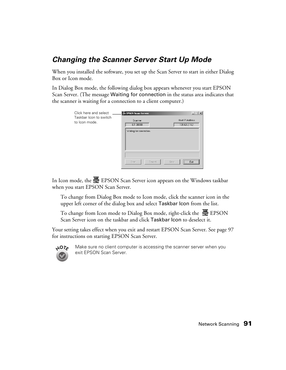 Changing the scanner server start up mode | Epson GT-30000 User Manual | Page 97 / 148