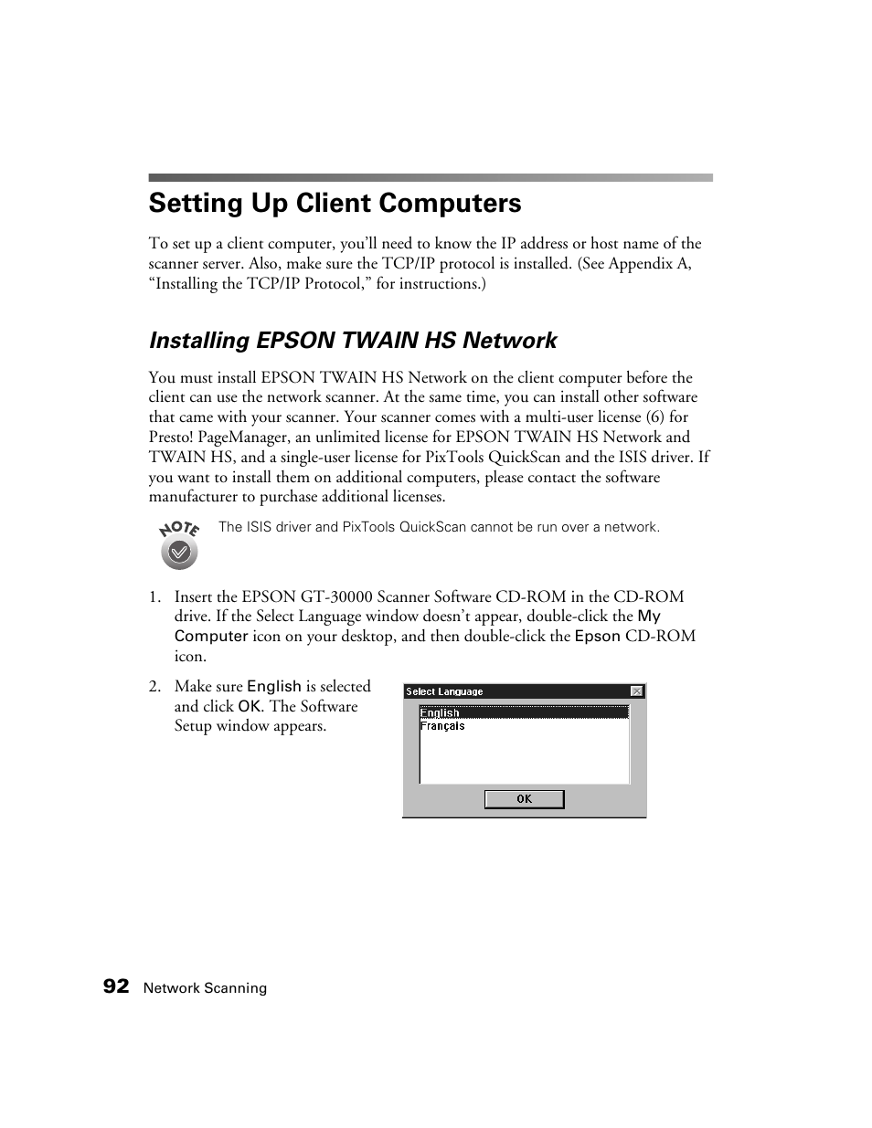 Setting up client computers, Installing epson twain hs network | Epson GT-30000 User Manual | Page 98 / 148