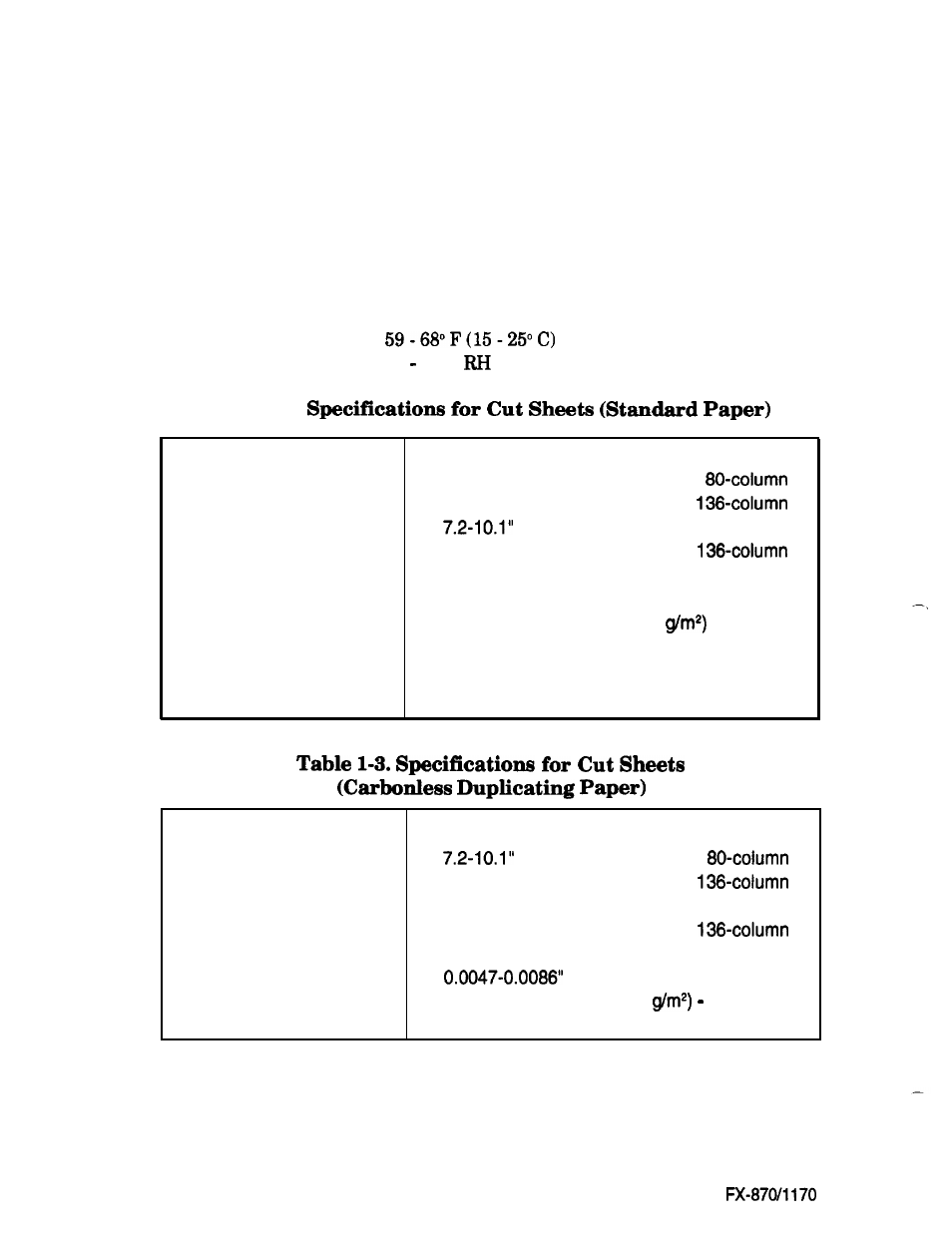 Paper specifications, Specifications for cut sheets (standard paper) | Epson FX-870/1170 User Manual | Page 18 / 181