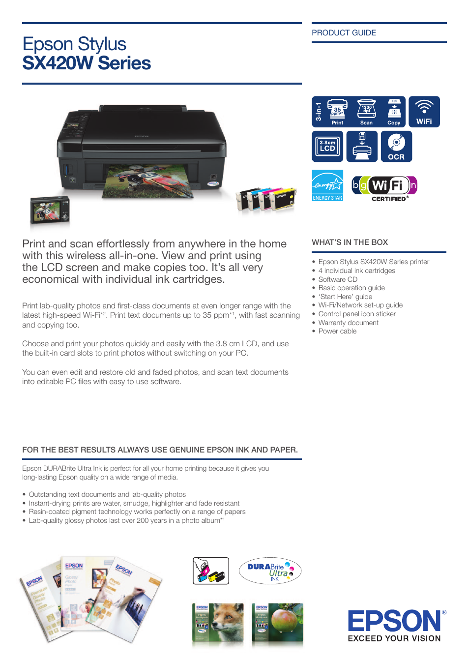 Epson SX420W User Manual | 2 pages