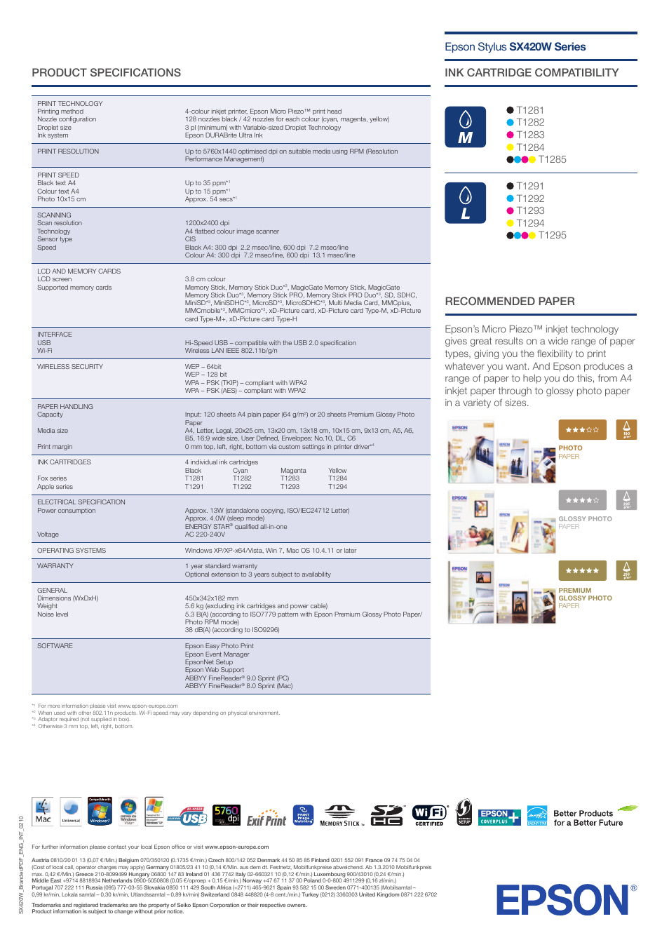 Product specifications, Epson stylus sx420w series, Ink cartridge compatibility | Recommended paper | Epson SX420W User Manual | Page 2 / 2