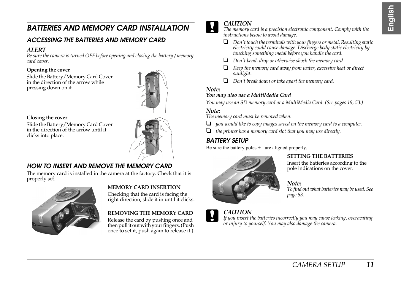 Batteries and memory card installation | Epson PhotoPC L-400 User Manual | Page 11 / 65