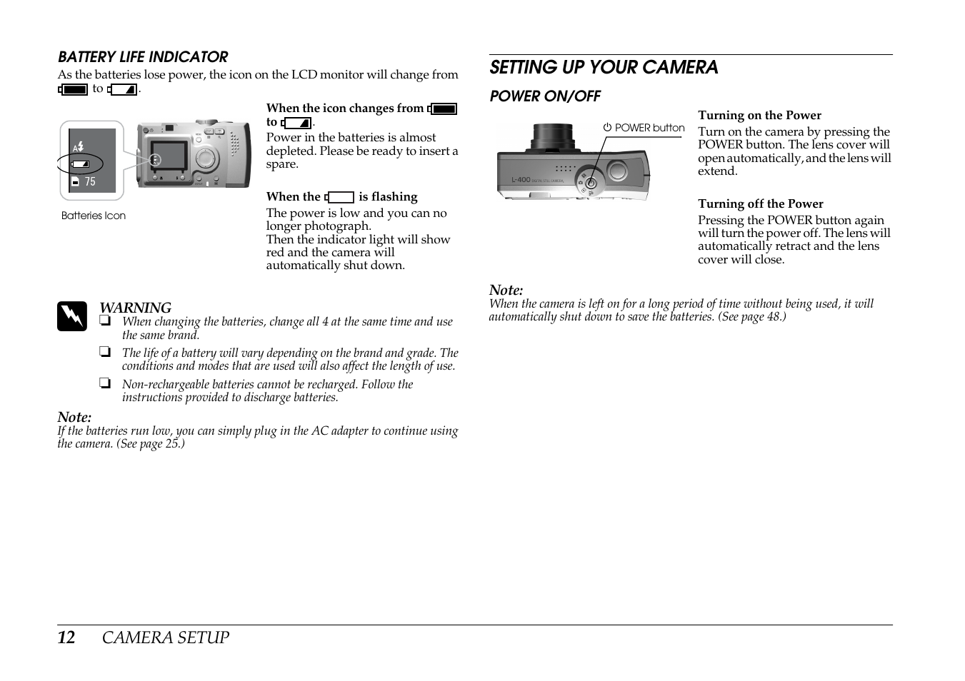 Battery life indicator, Setting up your camera, Power on/off | Epson PhotoPC L-400 User Manual | Page 12 / 65