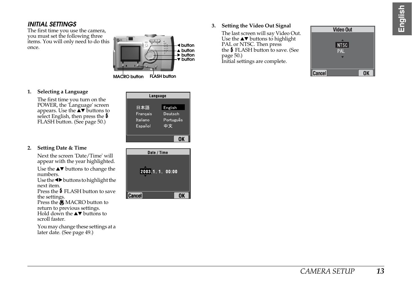 Initial settings, 13 english, Camera setup | Epson PhotoPC L-400 User Manual | Page 13 / 65