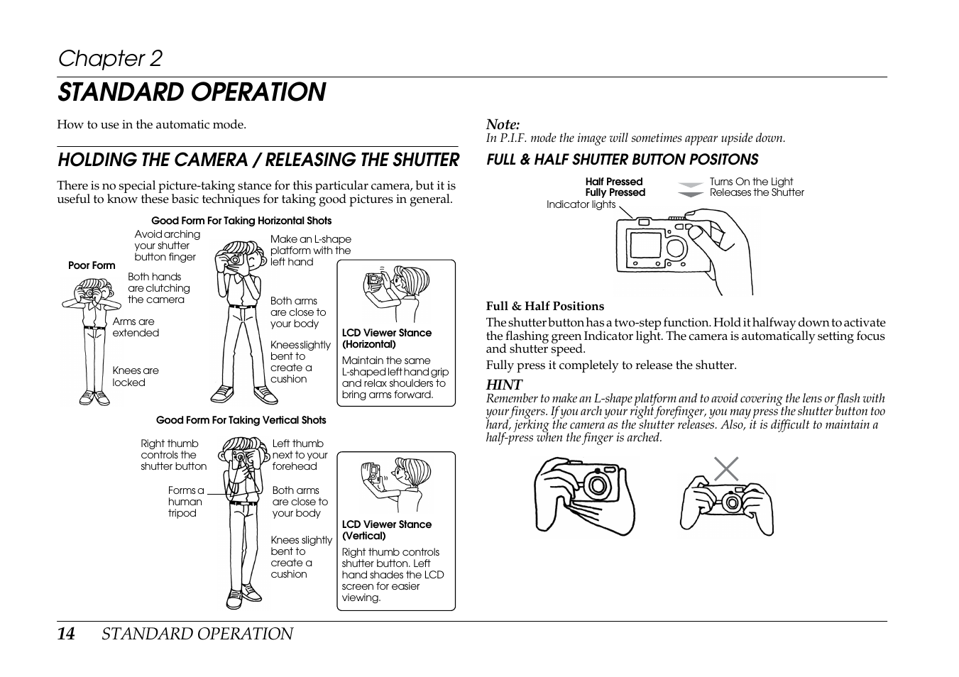 Standard operation, Chapter 2, Holding the camera / releasing the shutter | Full & half shutter button positons | Epson PhotoPC L-400 User Manual | Page 14 / 65