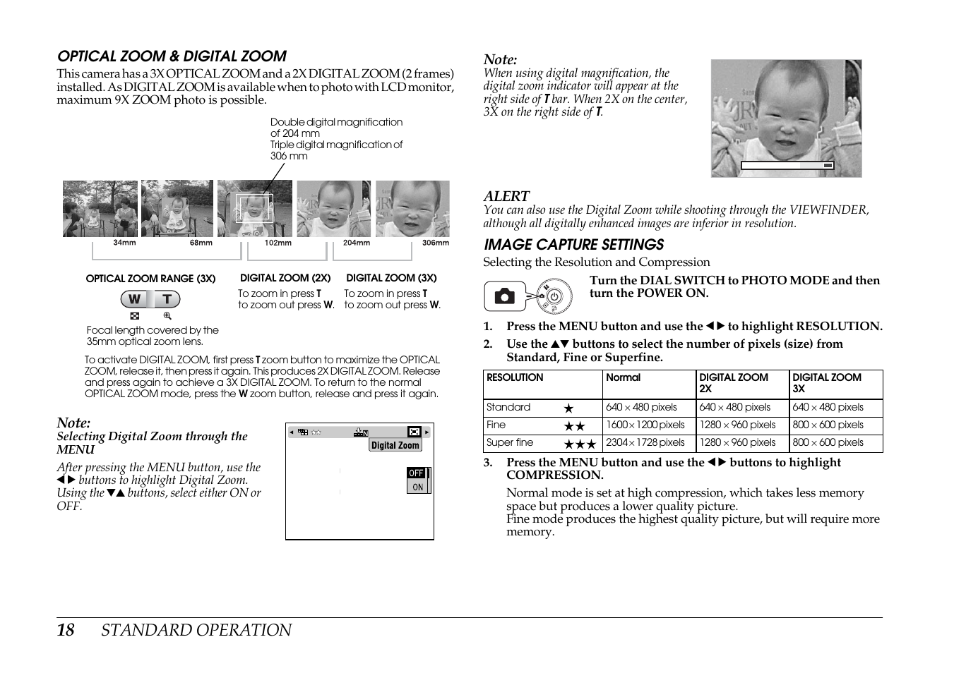 Optical zoom & digital zoom image capture settings, Standard operation | Epson PhotoPC L-400 User Manual | Page 18 / 65