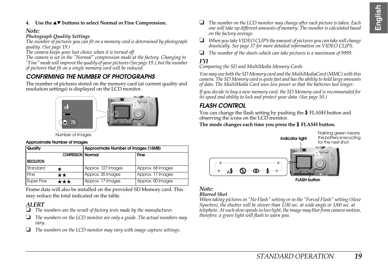 Confirming the number of photographs flash control, 19 english, Standard operation | Epson PhotoPC L-400 User Manual | Page 19 / 65