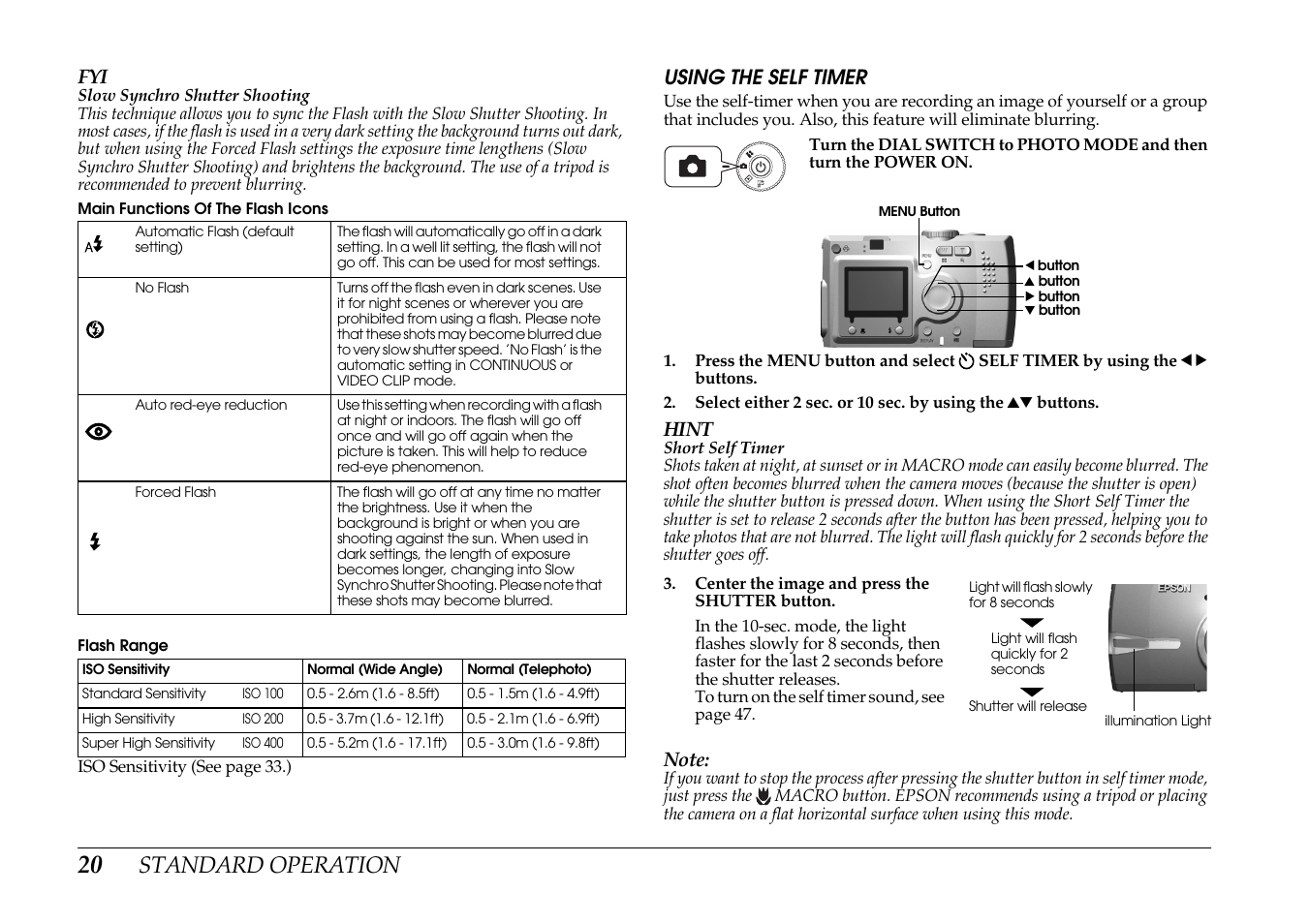 Using the self timer, Standard operation | Epson PhotoPC L-400 User Manual | Page 20 / 65