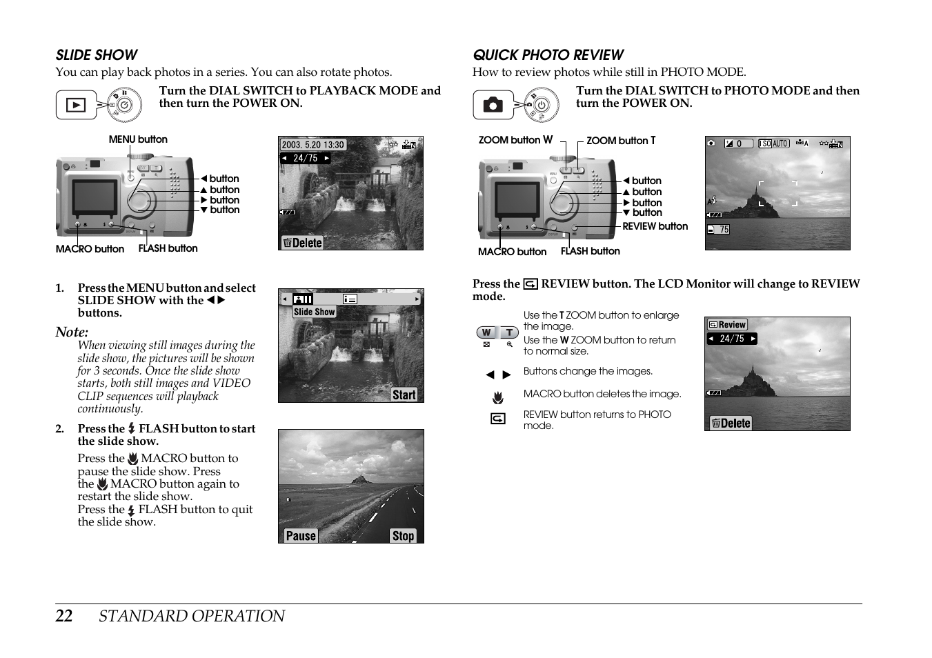 Slide show quick photo review, Standard operation | Epson PhotoPC L-400 User Manual | Page 22 / 65
